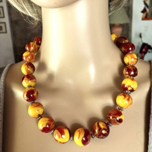 Collier ambre marbré jaune/orange superbe collier 53 cm grosses perles de 18mm rondes bijou femme