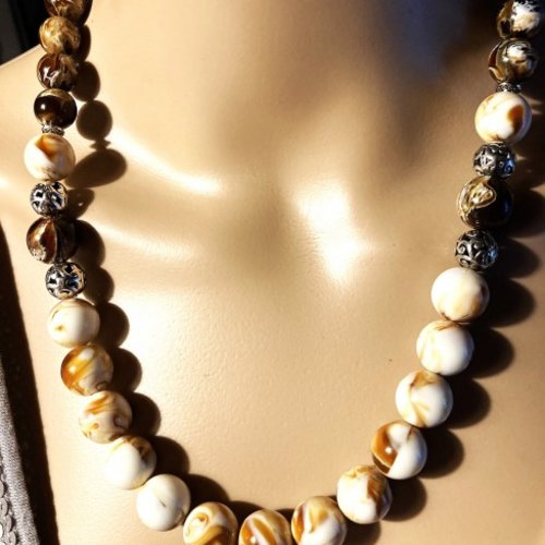 Collier ambre beige marbré caramel et ambre brun beige très marbré collier 55 cm perles de 14 mm et 12 mm bijou femme