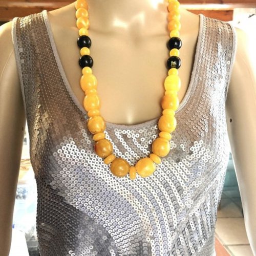 Collier ambre jaune et ambre noir superbe collier/sautoir 73 cm perles de 22 mm et 20mm, femme
