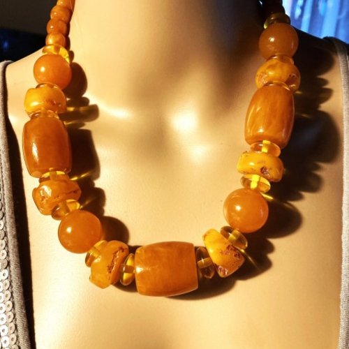 Collier ambre miel foncé superbe collier 53 cm très grosses perles bijou femme