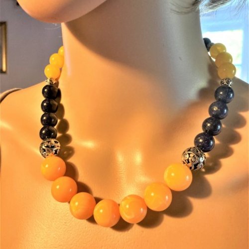 Lapis lazuli ambre jaune superbe collier 46 cm, perles rondes bijou femme.