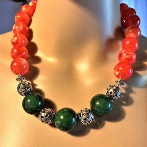 Collier jade vert et ambre orangé superbe collier 51 cm grosses perles jade 20mm à la base bijou femme