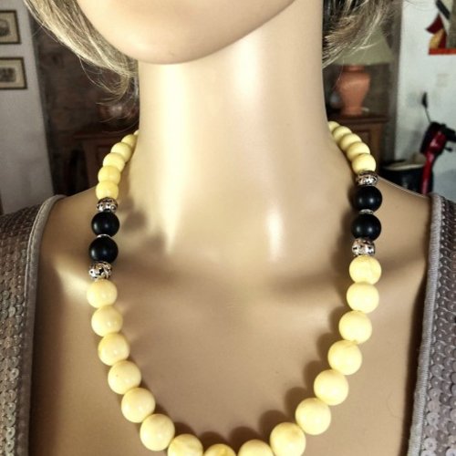 Collier ambre crème marbré jaune et ambre noir collier 54 cm perles de 14mm bijou femme