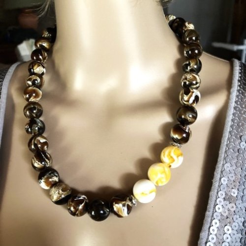 Collier ambre brun/blanc très marbré et ambre blanc marbré jaune collier long 58 cm perles de 16mm bijou femme