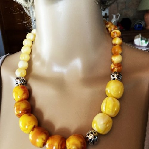 Collier ambre marbré jaune/orange et ambre jaune superbe collier 56 cm grosses perles rondes bijou femme