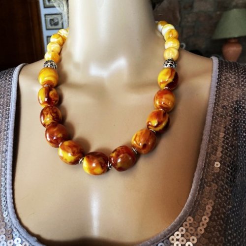 Collier ambre marbré orange/jaune et ambre jaune superbe collier long 58 cm grosses perles bijou femme