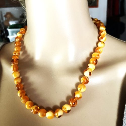 Collier ambre marbré jaune/orange collier classique 50 cm perles rondes de 8mm bijou femme