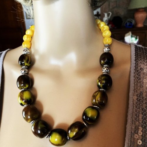 Collier ambre jaune et ambre marron/jaune très marbré collier 57 cm grosses perles de 20mm et 14mm bijou femme