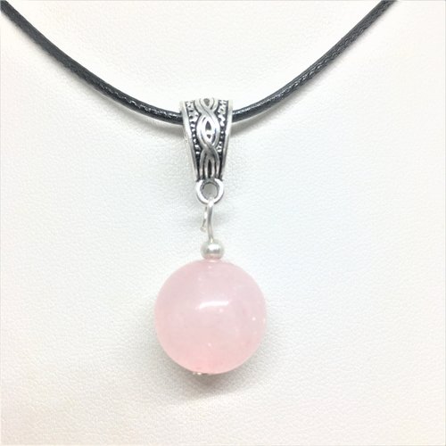Quartz rose pendentif perle de 14mm collier cordonnet noir 45/50cm homme femme