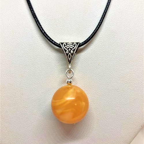 Ambre jaune pendentif perle de 18mm collier cordon coton ciré noir 45/50 cm femme homme