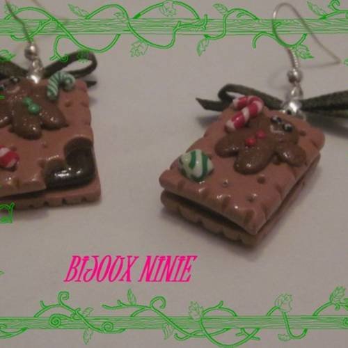 Boucles d'oreilles biscuit pain d'épice en fimo 