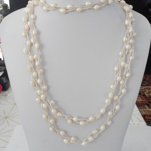 Collier sautoir perle d´eau douce naturelle blanche "cotton club"
