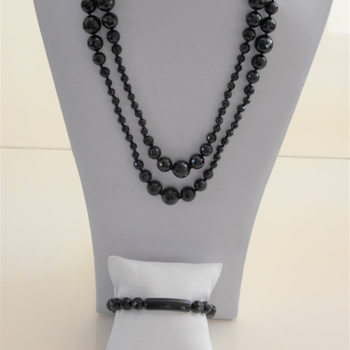 Parure collier et bracelet agate noire facettée qualité perles a+++ 3 tours