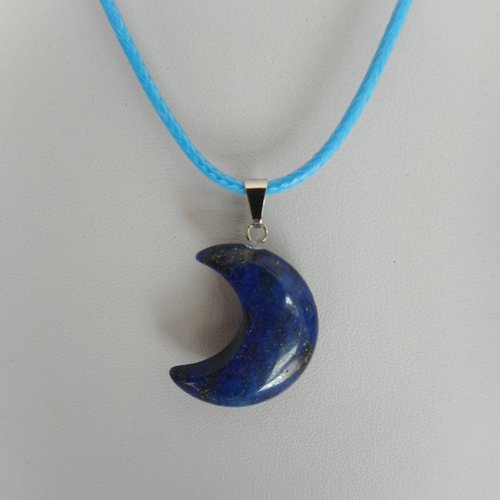 Collier lapis-lazuli pierre bleue avec cordon coton ciré bleu ciel variante beu marine