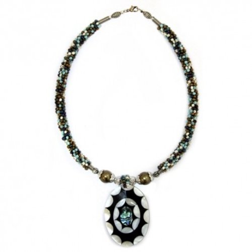 Collier bleu pendentif  nacre perle miyuki sur fil wripe avec chaîne extension argentée