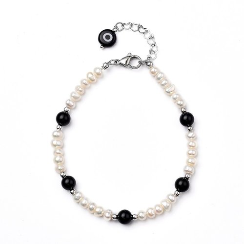 Bracelets de perles en agate noire naturelle et perles d´eau douce de culture blanches