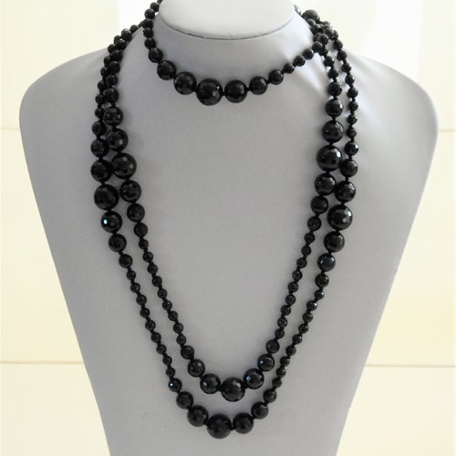 Collier agate noire facettée qualité perles a+++ 3 tours magnifique