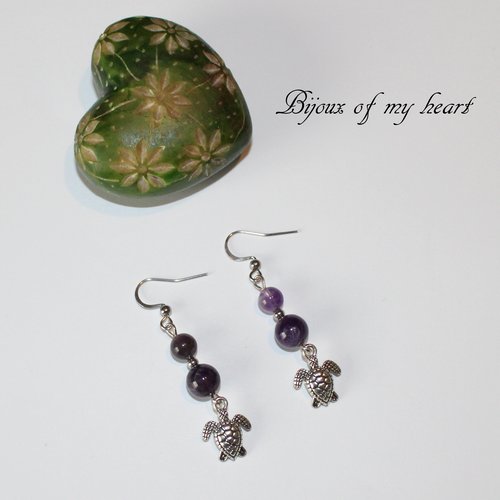 Boucle d'oreille améthyste/ tortue