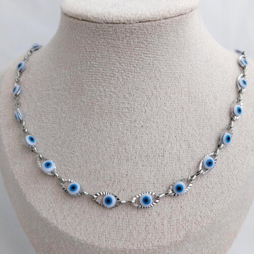 Collier femme porte-bonheur œil bleu en acier inoxydable argenté.