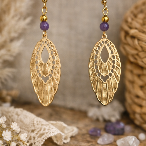Boucles d’oreilles bohème dorées pierre violette pendantes femme élégantes