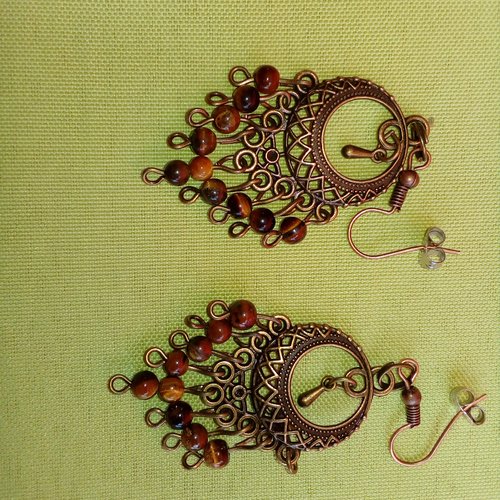 Boucles d'oreilles ,marron, oeil de tigre,4mm