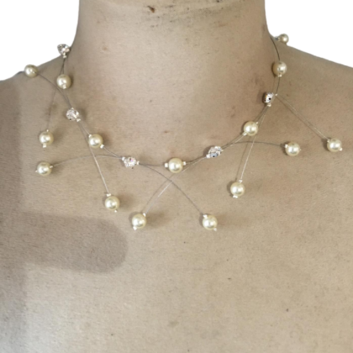 Collier mariage ,fête ou cérémonie perles ivoires et strass étincelles
