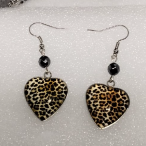 Boucles d'oreilles coeur, léopard en verre