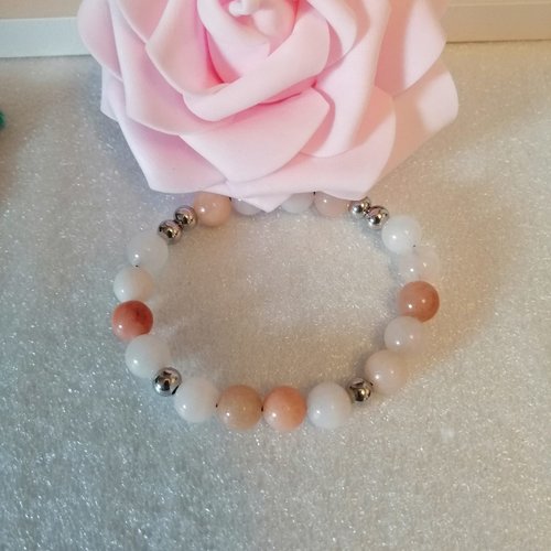 Bracelet élastique en pierres naturelle aventurine rose et perles argenté en acier inoxydable
