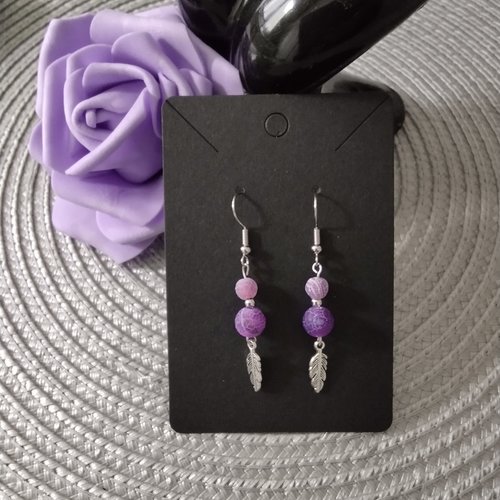 Boucles d'oreilles inoxydable plume avec perles naturelles agate violet
