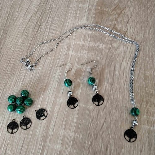Parure arbre de vie,  perles malachite collier et boucles d'oreilles