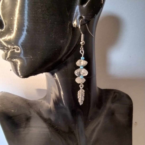Boucles d'oreilles plume, pierre naturelles