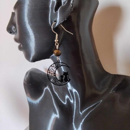 Boucles d'oreilles chat lune, perle naturelle