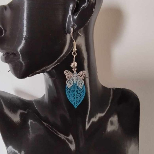 Boucles d'oreilles feuille, papillon inoxydable