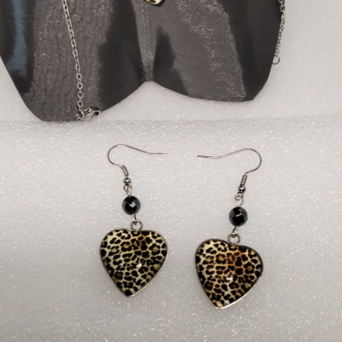 Boucles d'oreilles coeur, léopard en verre