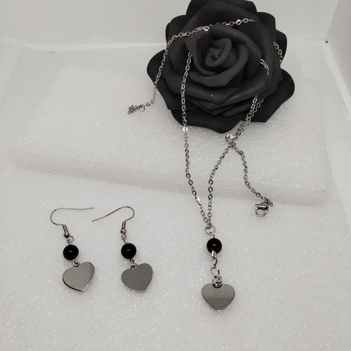 Parure coeur, inoxydable oeil du tigre