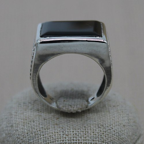 Bague Sceau Homme En Argent Sterling 925 - Onyx Noir Cabochon - Taille 67 (21.3mm) - Occasion