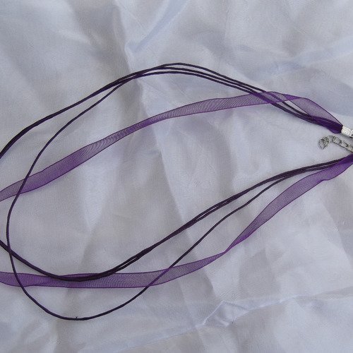 Collier corde violet foncé ruban organza rose fermoir 43cm mousqueton de 12mm et chainette