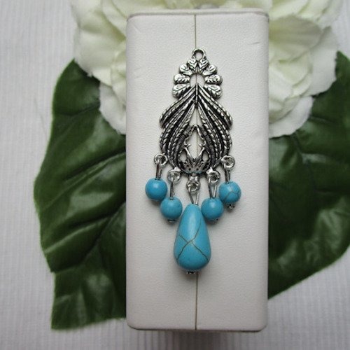  pendentif ou support de boucles d'oreilles perles turquoise/strass 6x2.2cm argent tibétain/pierre de gemme