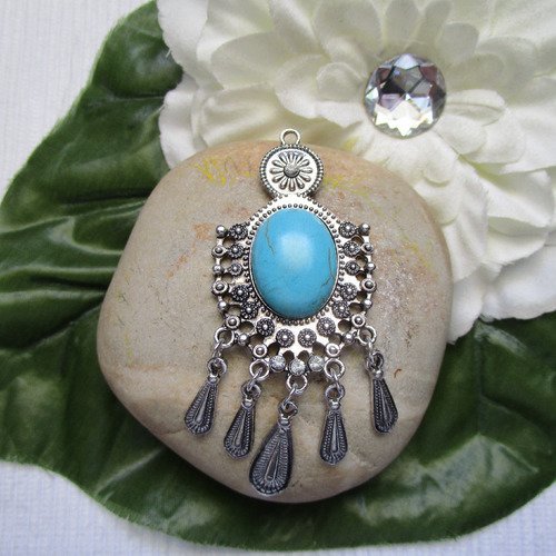  pendentif ou support de boucles d'oreilles perles turquoise/strass 7.4x2.9cm argent tibétain/pierre de gemme