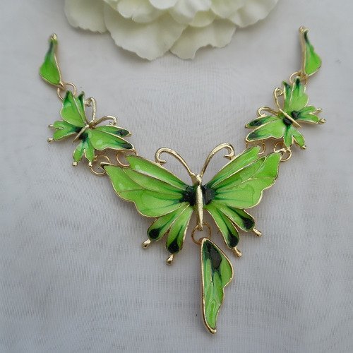 Support collier papillon émail, articulé doré vert de 13x11.5cm