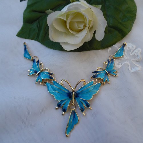 Support collier papillon émail, articulé doré bleu de 13x11.5cm