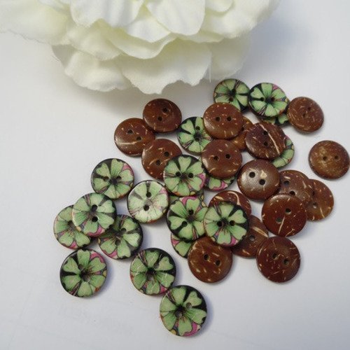 6 boutons fleurs bois de coco 15mm