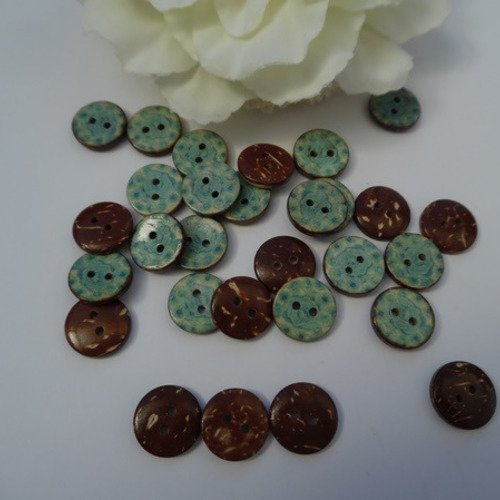 6 boutons motifs bleu clair bois de coco 15mm