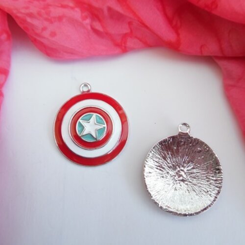  1 pendentif bouclier captain america avengers métal et email 3.9x3.4cm