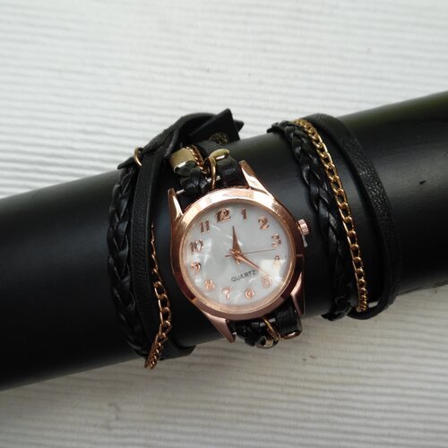 Montre doré rose effet nacré ivoire bracelet simili cuir noir