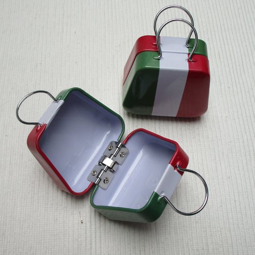 1 bijou petit sac valise vert blanc rouge aluminium 5.5x4x7cm