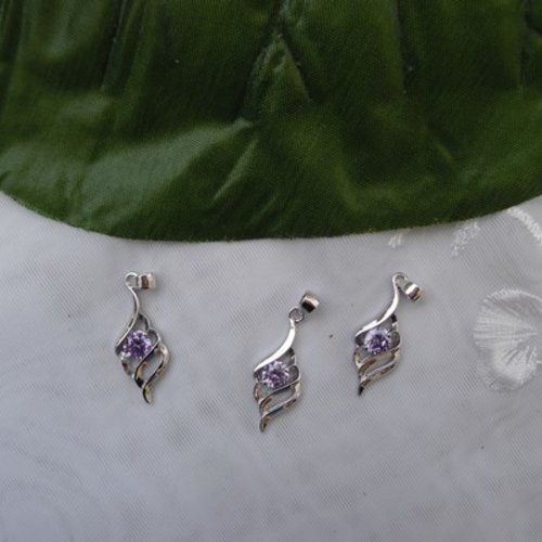 1 pendentif feuille mauve 26x9mm argent 925 avec strass