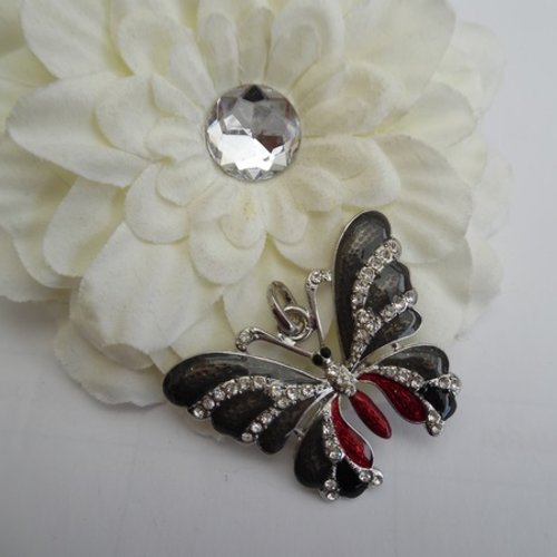 1 pendentif papillon émail rouge noir marron strass cristal autrichien 4x5cm 