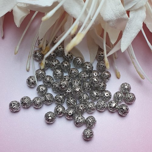  lot de 10 perles filigrane rondes 6mm ajourées métal argenté gris