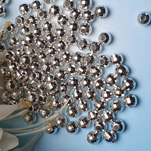 Lot de 20 perles 6mm ronde facette acrylique argenté gris